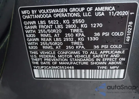 2021 Volkswagen Atlas 2.0T Se W/Technology из США, поврежденный, VIN 1V2JP2CA3MC552448